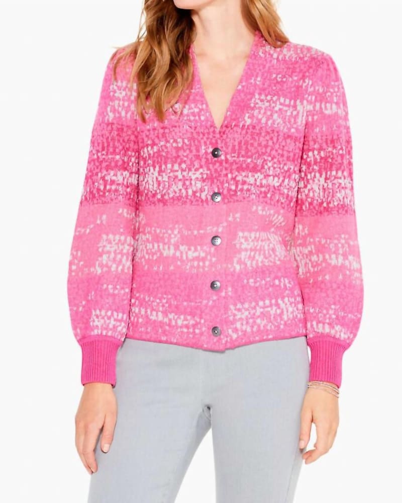 Front of a model wearing a size L Confetti Cardigan in Pink Multi in Pink Multi by Nic + Zoe. | dia_product_style_image_id:327497